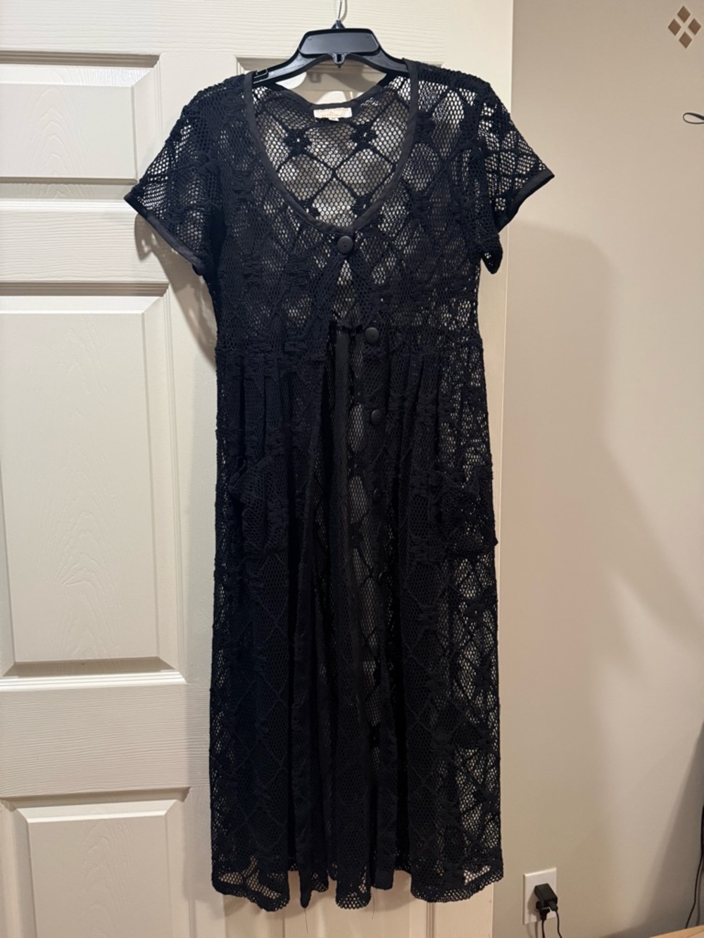Black Crochet Short-Sleeve Swim Coverup Tunic